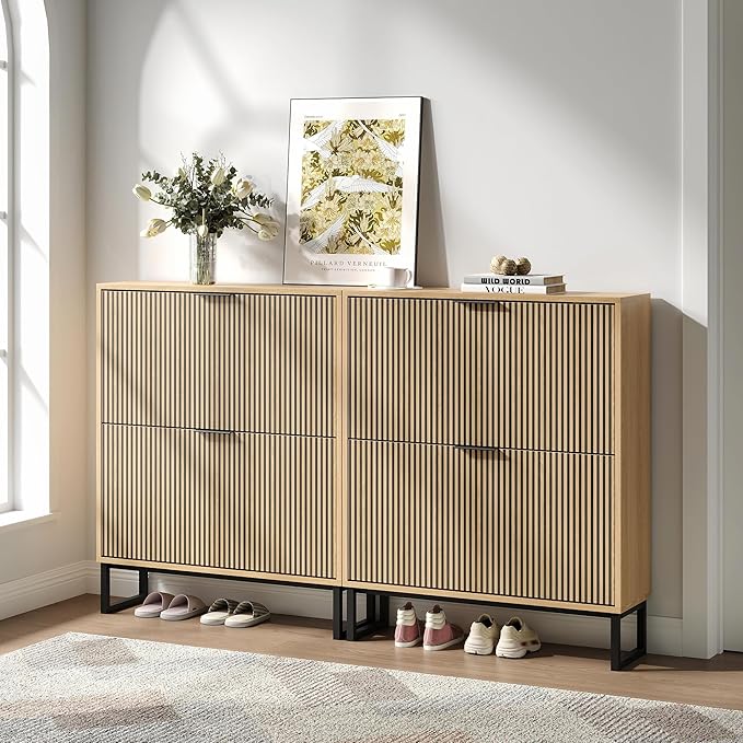 Shoe Cabinet with 2 Flip Drawers Set of 2, Narrow Wood Shoe Cabinet Storage for Entryway, Freestanding Hidden Shoe Organizer Rack Cabinet for Hallway