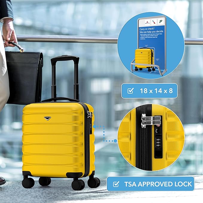 Flight Knight Carry On Suitcase 18x14x8" Hardside Built In TSA Lock & USB Port Lightweight Luggage Silent Double Spinner Wheels Maximum Underseat Carry-On Bag For American & United Approved Airlines