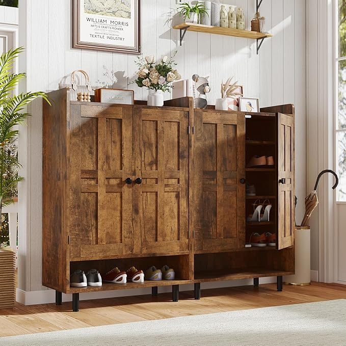 Entrance Shoe Cabinet with Doors,6-Tier Farmhouse Shoe Storage Organizer with Adjustable Shelves Holds 18-24 Pairs and Metal Legs, Entry Organizer Entryway, Living Room (Rustic Brwon)