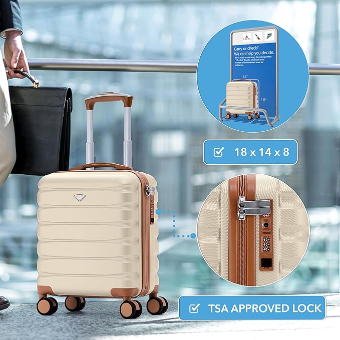 Flight Knight Carry On Suitcase 18x14x8" Hardside Built In TSA Lock & USB Port Lightweight Luggage Silent Double Spinner Wheels Maximum Underseat Carry-On Bag For American & United Approved Airlines