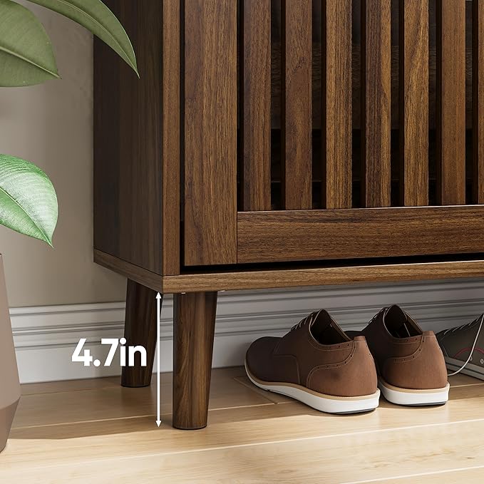 Walnut Shoe Cabinet with 2 Flip Drawers for Entryway,Narrow Shoe Storage Cabinet with Solid Wood Leg,Freestanding Slim Shoe Organizer for Hallway