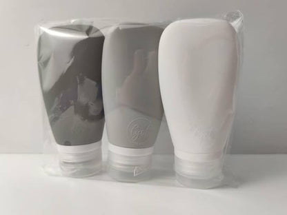 Travel Bottles for Toiletries, TSA Approved 3oz (90ml) Leak Proof Silicone Refillable Squeeze Travel Size Containers BPA Free for Cleansers, Lotions, Shampoo 3-pk (Black-Gray-White)