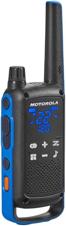 Motorola Solutions, Talkabout T802, Portable FRS Two Way Radio 2 Pack Walkie Talkies Blue/Black 22 Channels 1 Dual Charging Tray 2 PTT Earpieces