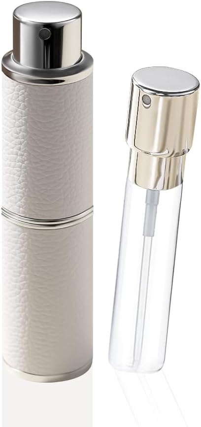 Perfume Atomizer, Rotary-Lift Nozzle, Cap-Free, Leather Refillable Spray Bottle, High-end Portable Dispenser, Travel Size TSA Approved 0.27oz/8 ml (White)