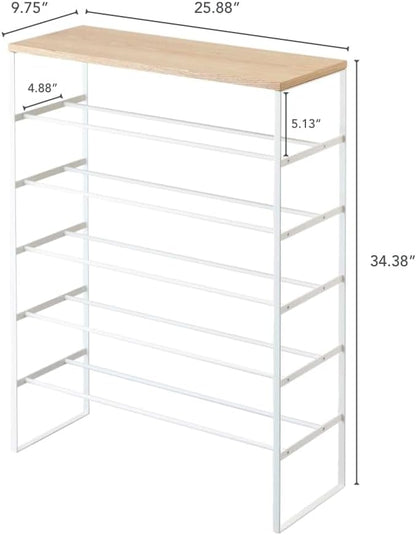 YAMAZAKI Home Six-Tier Shoe Organizer – Tall Slim Shoe Rack for Entryway Or Closet, Narrow Metal Shoe Storage with Wooden Top, Steel, White, Easy Assembly, 34" - Steel - Holds 18 to 21 Shoe