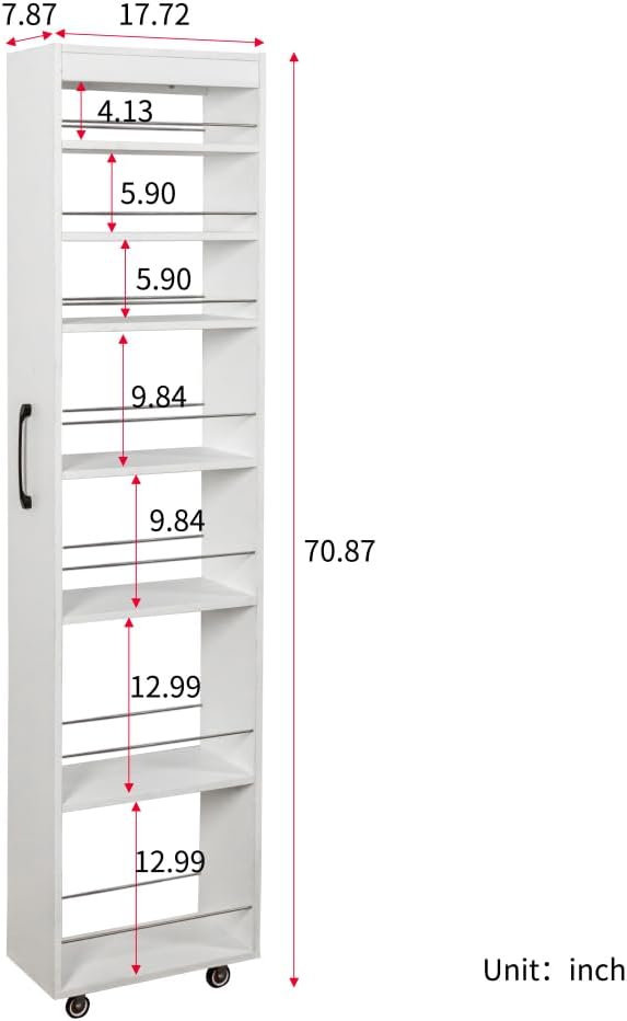 White 7-Tier Rolling Storage Cart - Slim Pull-Out Organizer Shelf with Wheels for Kitchen, Pantry, Living Room, Bathroom & Narrow Spaces (7.8" Wide)