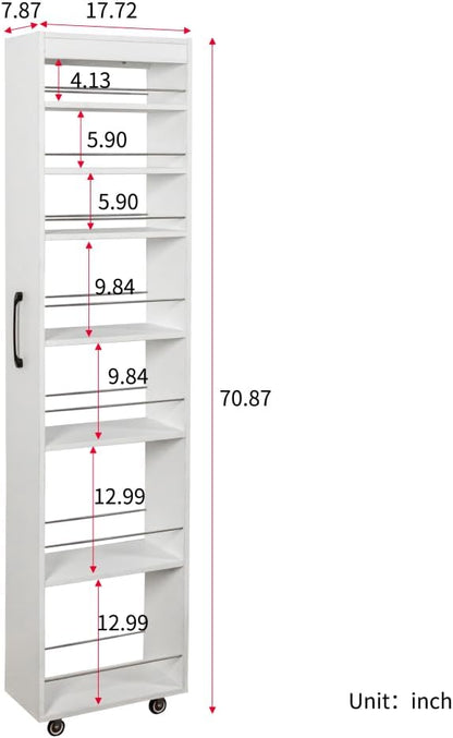 White 7-Tier Rolling Storage Cart - Slim Pull-Out Organizer Shelf with Wheels for Kitchen, Pantry, Living Room, Bathroom & Narrow Spaces (7.8" Wide)