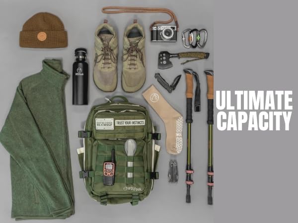 WOLFpak 35L Athletic Gym Backpack - Durable 1000D Waterproof Oxford Material with MOLLE Webbing, Laptop Pocket & Dual Cup Holders, Durable Fitness/Travel/Military Daypack (Khaki)
