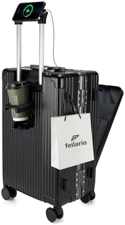 feilario 20in Aluminium Frame Zipperless PC Hard Shell Spinner Wheels Luggage, Built-In TSA lock Carry on Suitcase, with Cup Holder, USB Port, Phone Holder