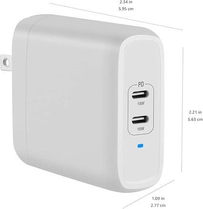 Amazon Basics 36W Two-Port USB-C Wall Charger for Tablets and Phones with Power Delivery - White, 2.34 x 1.09 x 2.21 in (PD36U-2TNB)