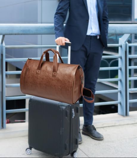 Leather Garment Bag，Convertible Garment Duffel Bag for Travel Mens Suit Bag 2 in 1 Waterproof Foldable Carry on Garment Bag with Shoulder Strap Weekender Bag with Shoe Pouch