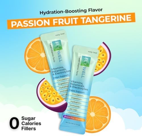 Travel Vitamin Tonic for Flight, Jet Lag, Hydration, Circulation, Digestion & Immune Support, Promotes Calmness, Electrolyte Powder, Travel Essentials, Passion Fruit Tangerine, 15 Sticks