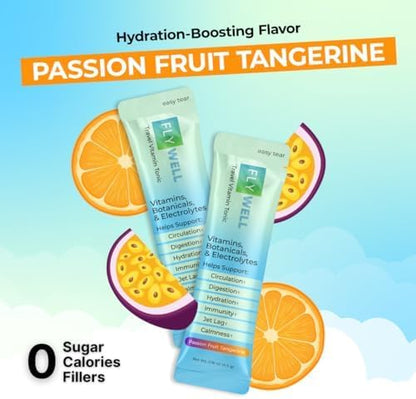 Travel Vitamin Tonic for Flight, Jet Lag, Hydration, Circulation, Digestion & Immune Support, Promotes Calmness, Electrolyte Powder, Travel Essentials, Passion Fruit Tangerine, 15 Sticks