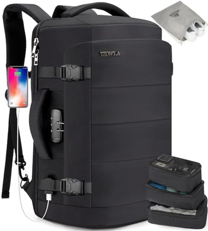 Tzowla 40L Expandable Travel Laptop Backpack for Men Women Carry on Flight Approved,Large Capacity Anti Theft Backpacks with USB/Type C Charging Port,Personal Item Bag Fit 17.3" Computer（Black