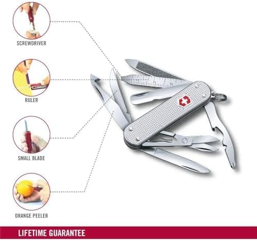 Victorinox Mini Champ Alox Swiss Army Knife, Compact, 15 Functions, Swiss Made Pocket Knife with Orange Peeler, Cuticle Pusher and Blade - Silver