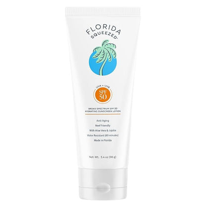 Florida Squeezed SPF 50 Hydrating Sunscreen Lotion | 3.4 oz | Ultra-Hydrating, Non-Greasy Face and Body Lotion. Hawaii 104 Reef Act Compliant (Octinoxate & Oxybenzone Free)
