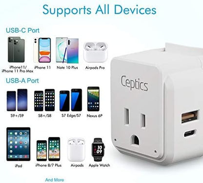 Ceptics Germany, Korea Travel Plug Adapter Set, 20W PD & QC, Safe Dual USB & USB-C - 2 USA Socket - Use in Schuko, France, Russia, Netherlands - Includes Type E/F SWadAPt Attachments