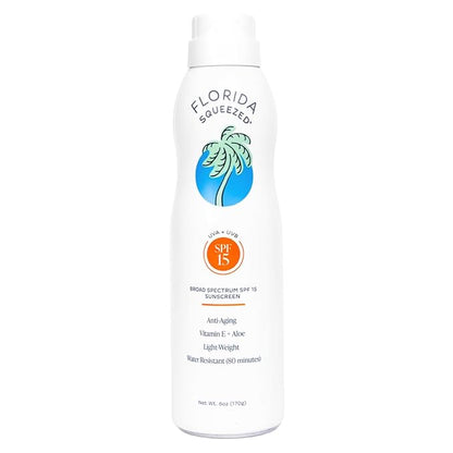 Florida Squeezed SPF 15 Sunscreen Water Resistant Spray|6oz|Vegan and Hawaii 104 Reef Act Compliant (Octinoxate & Oxybenzone Free) Broad Spectrum Moisturizing Sunscreen. Paraben & Phthalate Free.