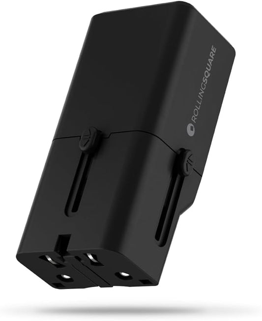 Rolling Square Portable Pocket Travel Adapter I Universal USB-C Charger for 200+ Countries I US, EU, UK, AU Plug 30W Fast Charging for Smartphones, Tablets & More I Compact & Lightweight I Black