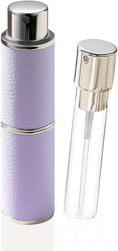 Perfume Atomizer, Rotary-Lift Nozzle, Cap-Free, Leather Refillable Spray Bottle, High-end Portable Dispenser, Travel Size TSA Approved 0.27oz/8 ml (Purple)