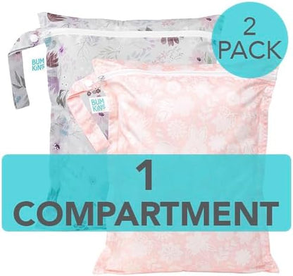 Bumkins - Waterproof Wet Bag - For Baby, Travel, Swim Suit, Cloth Diapers, Pump Parts, Pool, Gym, Toiletry, Strap to Stroller - Reusable & Easy to Clean - 2pk - Floral & Lace