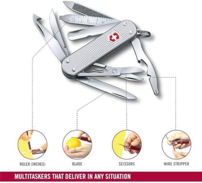 Victorinox Mini Champ Alox Swiss Army Knife, Compact, 15 Functions, Swiss Made Pocket Knife with Orange Peeler, Cuticle Pusher and Blade - Silver
