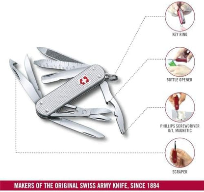 Victorinox Mini Champ Alox Swiss Army Knife, Compact, 15 Functions, Swiss Made Pocket Knife with Orange Peeler, Cuticle Pusher and Blade - Silver