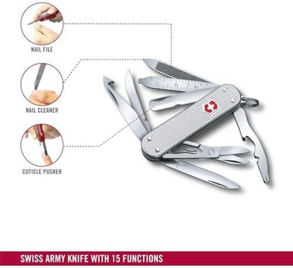 Victorinox Mini Champ Alox Swiss Army Knife, Compact, 15 Functions, Swiss Made Pocket Knife with Orange Peeler, Cuticle Pusher and Blade - Silver