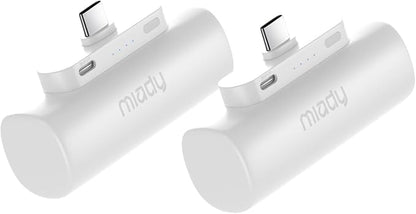 Miady 2-Pack 5000mAh Mini Portable Charger with Built-in Type C Connector, 5V 2.4A USB-C Output Fast Charging Small Power Bank Compatible with iPhone 17/16 Galaxy S24/S22 iPad (2 White)