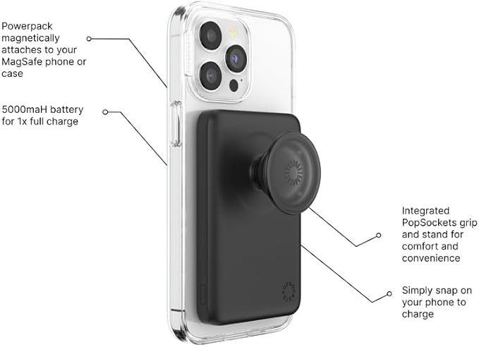 PopSockets PowerPack for MagSafe Magnetic Power Bank, Portable Phone Charger, Magnetic Wireless Battery Pack, 5000mAh for iPhone 16/15/14/13/12 Pro/Pro Max/Plus - Black