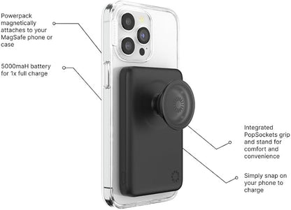 PopSockets PowerPack for MagSafe Magnetic Power Bank, Portable Phone Charger, Magnetic Wireless Battery Pack, 5000mAh for iPhone 16/15/14/13/12 Pro/Pro Max/Plus - Black