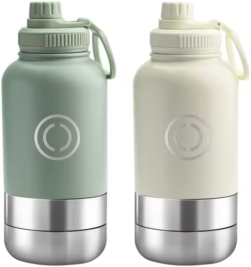 OSC Insulated Water Bottle with Detachable Travel Bowls for Pets & Humans - Leak-Proof 32oz Water Bottle for Dog Walking, Hiking, Camping, Gym & Outdoor Adventures (Vanilla, 32oz)