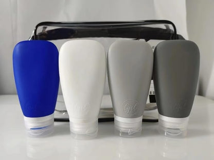 Travel Bottles for Toiletries, TSA Approved 3oz Leak Proof Silicone Refillable Squeeze Travel Size Containers BPA Free for Cleansers, Lotions, Shampoo, Conditioner 4pk With Bag(W,G,Blk,Bl)