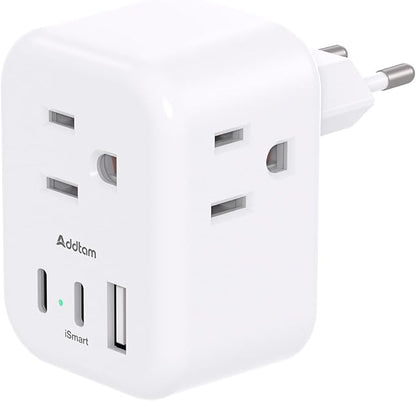 European Travel Plug Adapter, Addtam International Power Adapter with 3 Outlets 3 USB Charging Ports(2 USB C), Type C Adapter Travel Essentials to Most Europe EU Spain Italy France