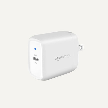 Amazon Basics 20W One-Port USB-C Wall Charger with Power Delivery PD for Tablets & Phones (iPhone 16/15/14/13/12/11/X, iPad, Samsung, and more), non-PPS, 1.81 x 1.73 x 1.09 inches, White