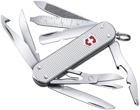 Victorinox Mini Champ Alox Swiss Army Knife, Compact, 15 Functions, Swiss Made Pocket Knife with Orange Peeler, Cuticle Pusher and Blade - Silver