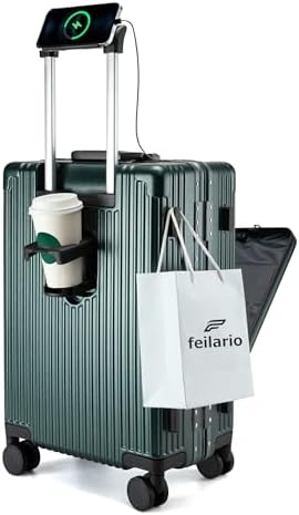 feilario 20in Aluminium Frame Zipperless PC Hard Shell Spinner Wheels Luggage, Built-In TSA lock Carry on Suitcase, with Cup Holder, USB Port, Phone Holder