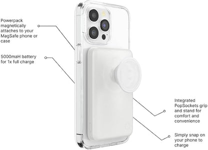 PopSockets PowerPack for MagSafe Magnetic Power Bank, Portable Phone Charger, Magnetic Wireless Battery Pack, 5000mAh for iPhone 16/15/14/13/12 Pro/Pro Max/Plus - White