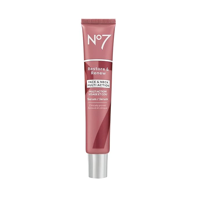 No7 Restore & Renew Multi Action Serum for Face & Neck - Anti Aging Serum for Neck Firming and Tightening - Infused with Hydrating Collagen Peptides & Hyaluronic Acid for Crepey Skin (1.69 Oz)