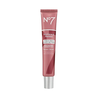 No7 Restore & Renew Multi Action Serum for Face & Neck - Anti Aging Serum for Neck Firming and Tightening - Infused with Hydrating Collagen Peptides & Hyaluronic Acid for Crepey Skin (1.69 Oz)