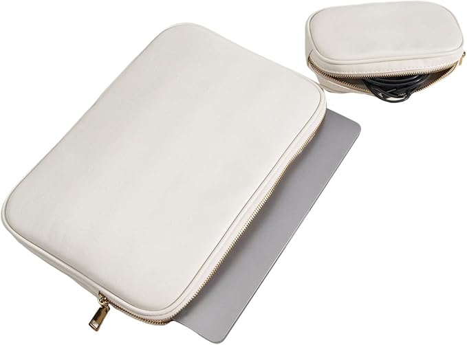 PU Leather Padded Laptop Sleeve Bag 14Inch Compatible with New MacBook Pro 14，Surface Laptop 13.5, Surface Pro 10 with Charger Pouch Color White