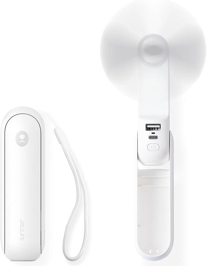 JISULIFE Portable Handheld Fan, Mini 3 In 1 with Rechargeable Battery, Personal Pocket Fan for Travel, Outdoor, USB Power Bank, Flashlight, Essential Ideal Gifts for Summer/Concert/Vacation - White