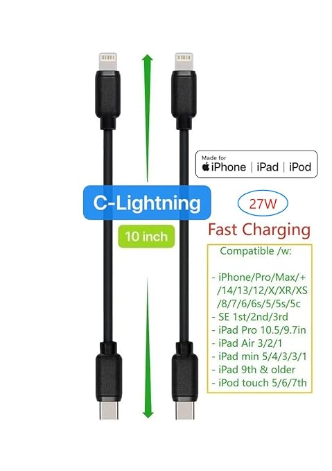 10-Pack Multi Short USB Cables & TypeC-C Cables for Charging Stations Compatible/w iPhone16 &15, iPhone5-14/ iPads/iPad mini/iPad Pros/Samsung Moblies & Tablets/Pixel & Nexus/HTC/Sony(Black)