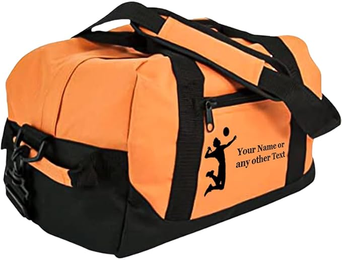 Personalized Passion 14” Small Sports Duffel Bags for Kids - Waterproof Travel Duffle with Name & Volleyball Design - Orange Two-Toned Kids Weekender Bag for Boys and Girls
