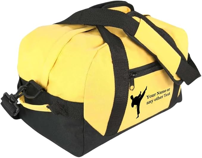 Personalized Passion 14” Small Sports Duffel Bags for Kids - Waterproof Travel Duffle with Name & Martial Arts Design - Gold Two-Toned Kids Weekender Bag for Boys and Girls