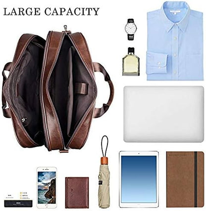 Augus Business Travel Briefcase Genuine Leather Duffel Bags for Men Laptop Bag fits 15.6 inches Laptop YKK Zipper (Brown)