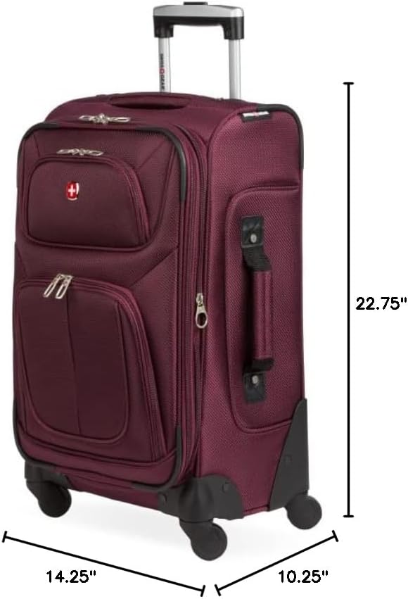SwissGear Sion Softside Expandable Luggage – Carry-On Suitcase with 360 Degree Wheels & Retractable Handle – 21 Inch, Perfect for 1-3 Night Trips – Merlot