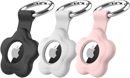 MC Fashion 3 Pack AirTag Holder for AirTag, Cute Flower Soft Silicone Protective Keychain Cover for Kids, Pets, Backpacks (Black+White+Pink)