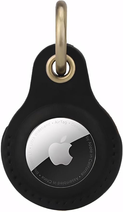 Genuine Leather AirTag Keychain Holder Compatible with Apple AirTags Keyring, Anti Lost Secure Key Ring Case for Pet Collar Luggage Suitcase Tracking Travel, Protective Air Tag Key Chain Cover, Black
