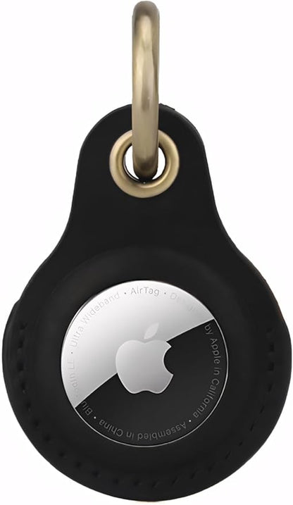 Genuine Leather AirTag Keychain Holder Compatible with Apple AirTags Keyring, Anti Lost Secure Key Ring Case for Pet Collar Luggage Suitcase Tracking Travel, Protective Air Tag Key Chain Cover, Black